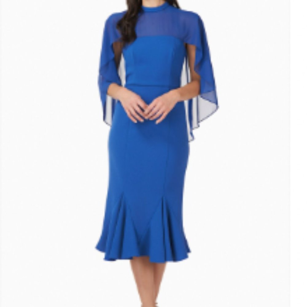 JS Collections Women's Stretch Crepe Cocktail Dress with Trumpet Skirt and Chiff
